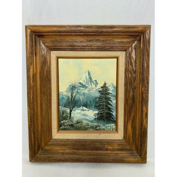 𝅺UNKNOWN Artist Oil Painting Beautiful Snowy Mountain Forest Landscape - Picture 1 of 10